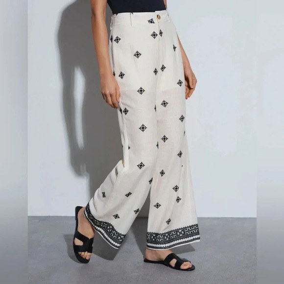 Fore Linen Straight Leg Embroidered Print Pants Resortwear boho tropical summer - Picture 4 of 13